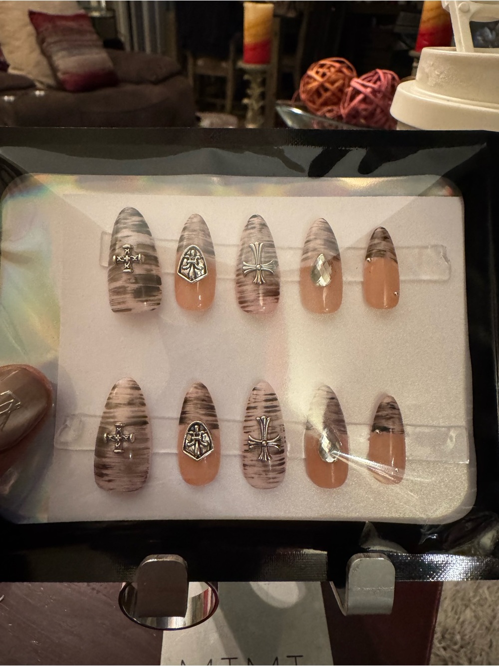 🤎 Brown Nude Gothic Cross Press-On Nails (Medium Almond)